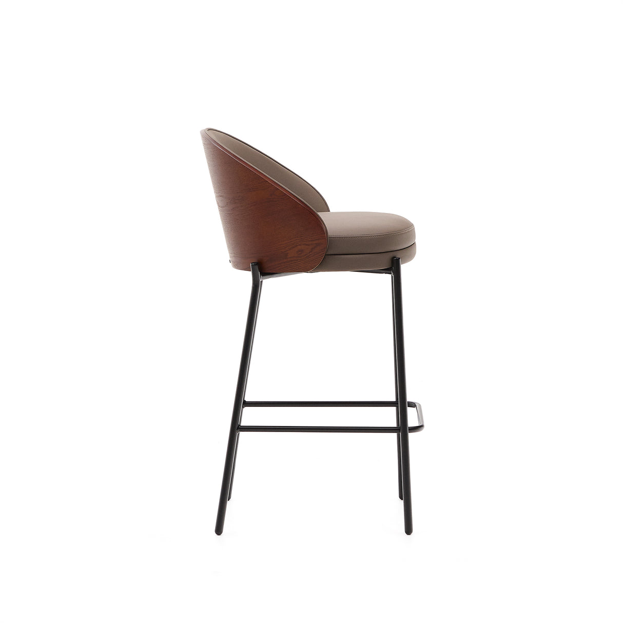 Eamy Hocker aus braunem Kunstleder, Eschenfurnier in Nussbaum-Finish mit Metall in Schwarz - ZEN ZONE Furniture