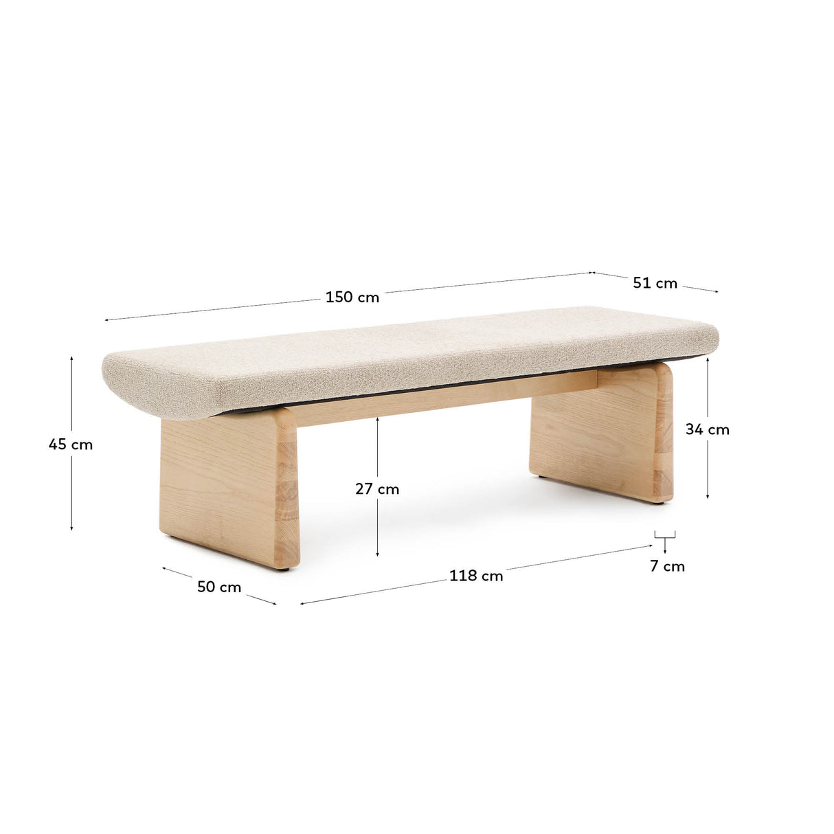 Polsterbank Topaz beige Chenille und massives Eschenholz mit natürlichem Finish 150cm FSC 100% - ZEN ZONE Furniture