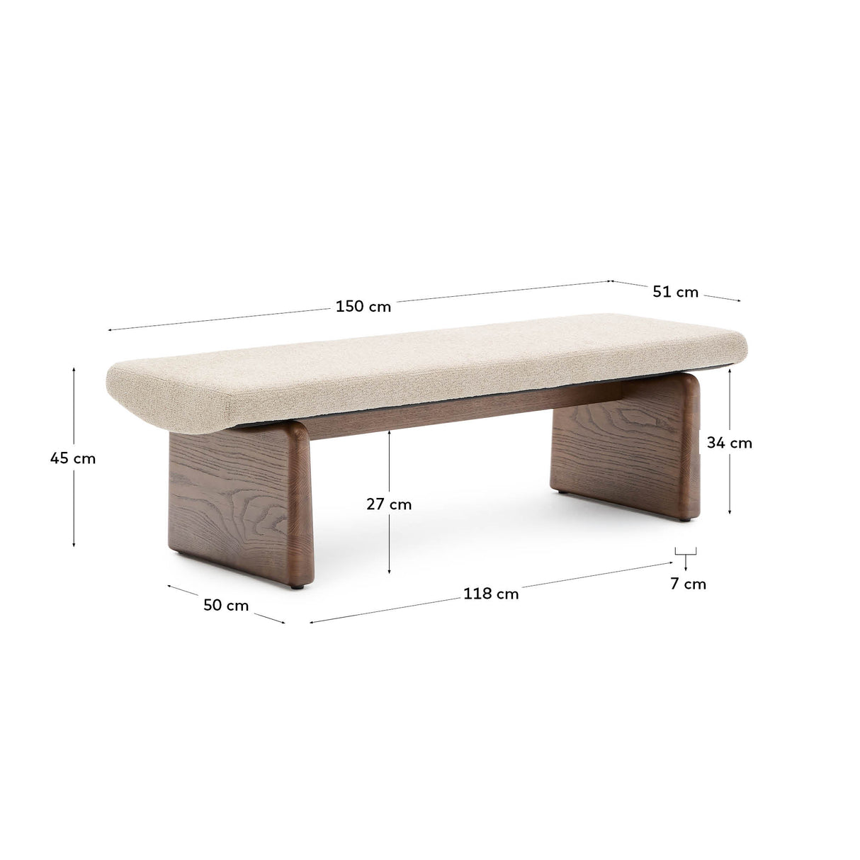 Polsterbank Topaz beiger Chenille und massives Eschenholz mit Walnuss-Finish 150cm FSC 100% - ZEN ZONE Furniture