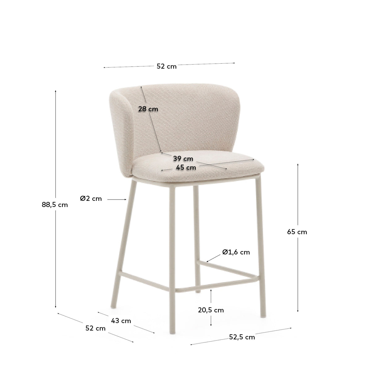 Hocker Ciselia aus beigefarbenem Chenille und beigefarbenem Stahl Höhe 65 cm FSC Mix Credit - ZEN ZONE Furniture