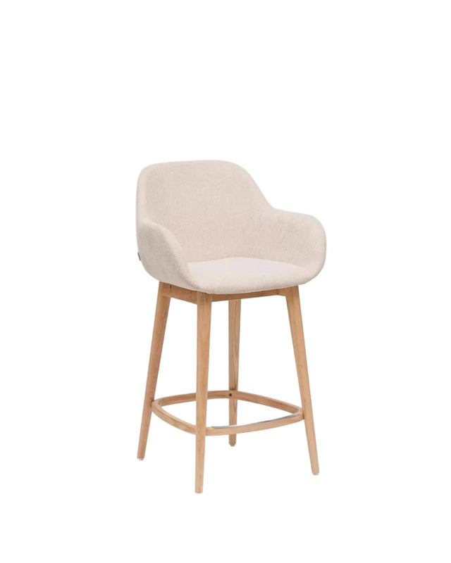 Beigefarbener Hocker Konna mit Beinen aus massivem Eschenholz, helles Finish 65 cm - ZEN ZONE Furniture