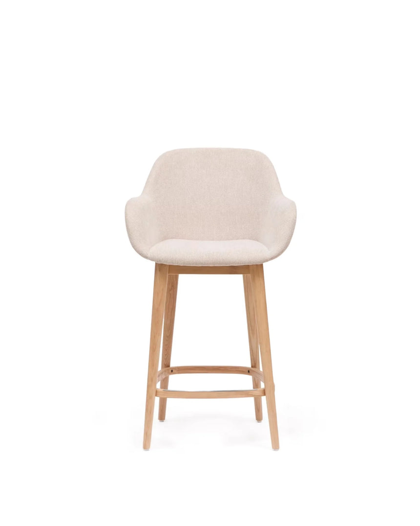 Beigefarbener Hocker Konna mit Beinen aus massivem Eschenholz, helles Finish 65 cm - ZEN ZONE Furniture