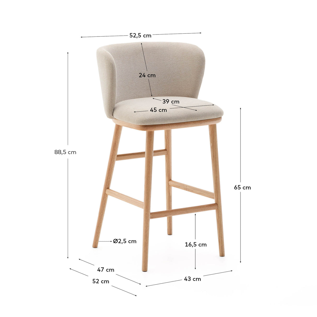 Hocker Ciselia beige Chenille und massive Esche mit natürlichem Finish FSC Mix Credit 65 cm - ZEN ZONE Furniture
