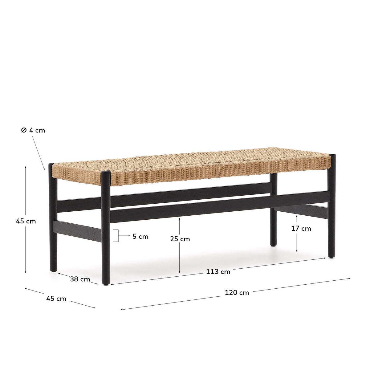 Zaide Bank aus massivem Eichenholz mit schwarzem Finish und Seilsitzfläche FSC 100% 120 cm - ZEN ZONE Furniture