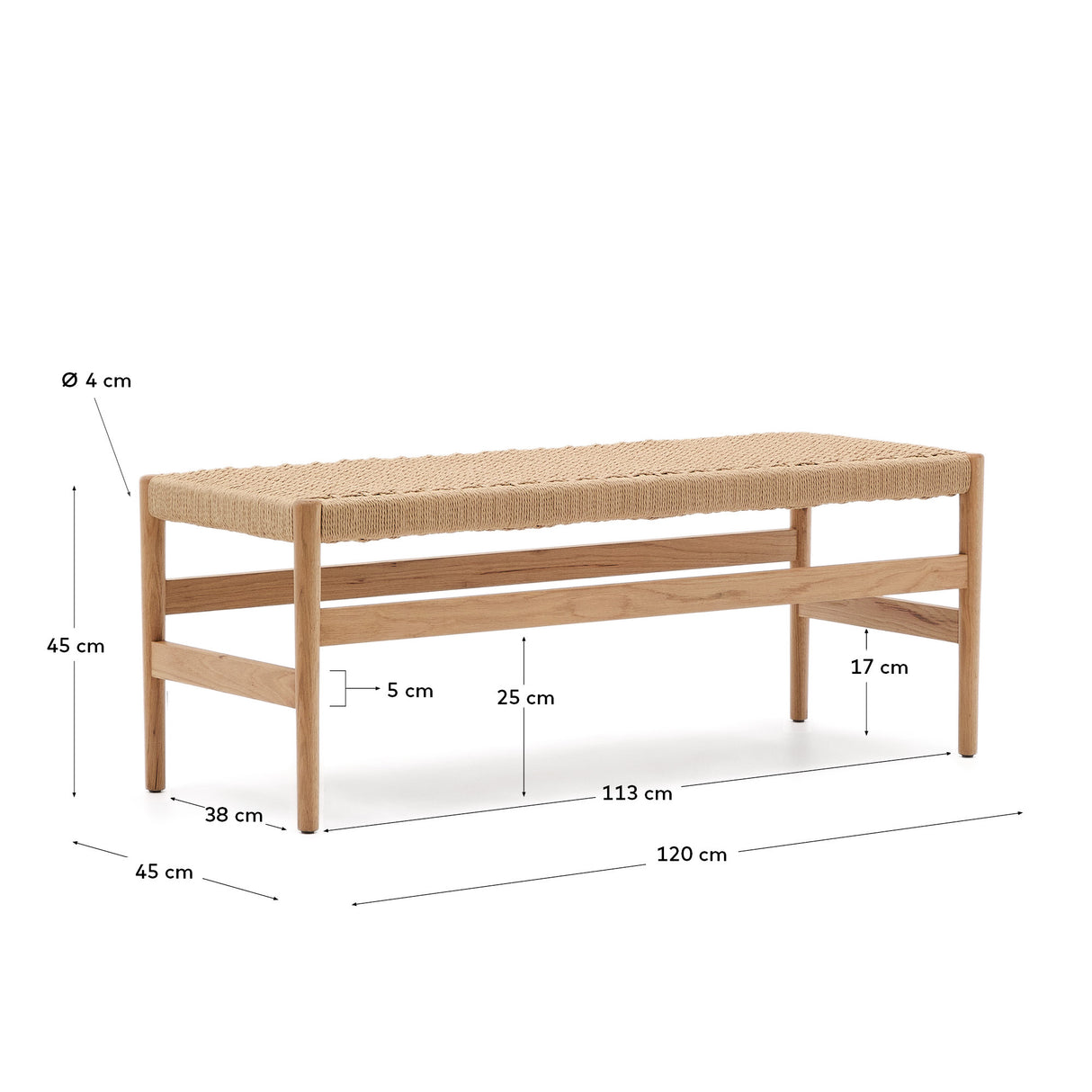 Zaide Bank aus massivem Eichenholz mit naturfarbenem Finish und Seilsitzfläche FSC 100% 120 cm - ZEN ZONE Furniture