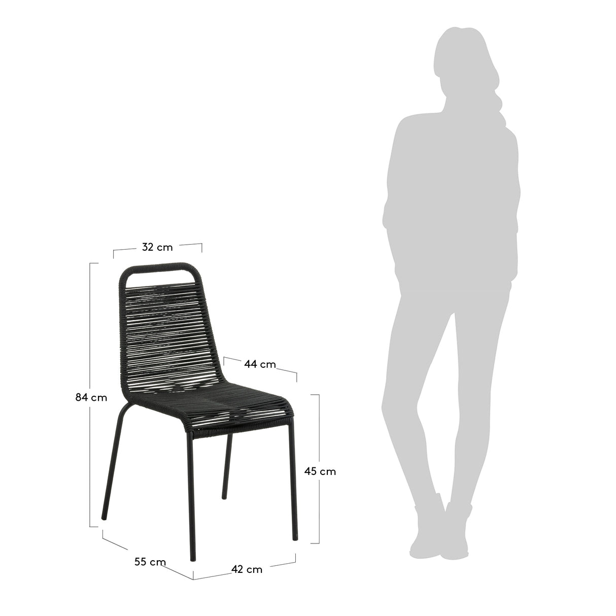 Lambton stapelbarer Stuhl aus schwarzem Seil und Stahl mit schwarzem Finish - ZEN ZONE Furniture