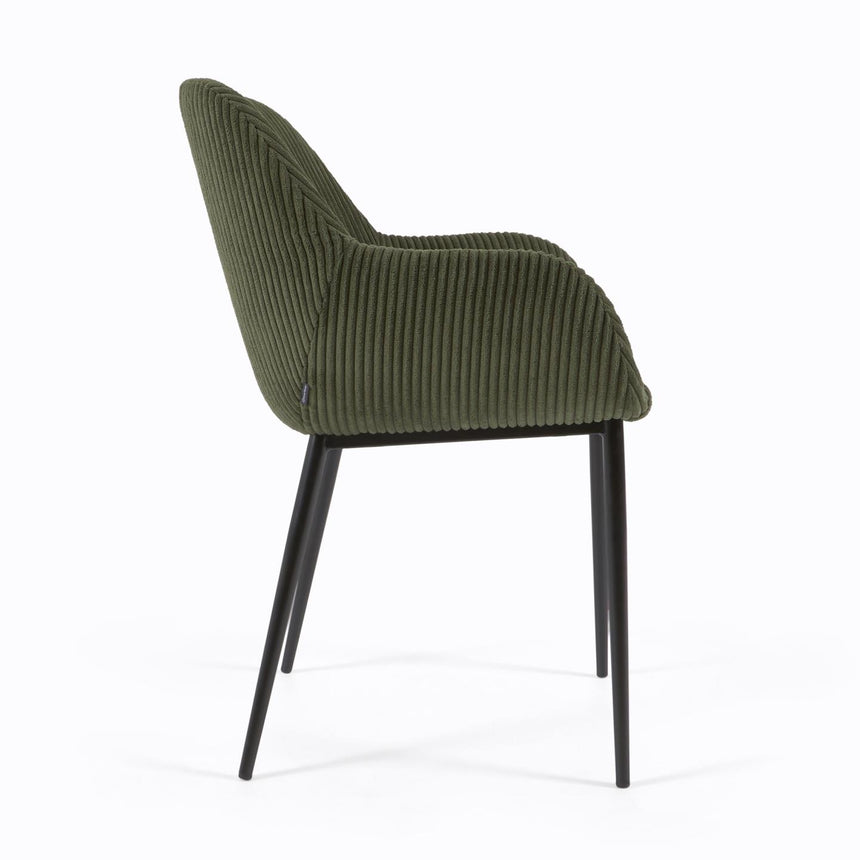 Konna Stuhl aus dunkelgrünem, breitem Cord mit schwarz lackierten Stahlbeinen - ZEN ZONE Furniture
