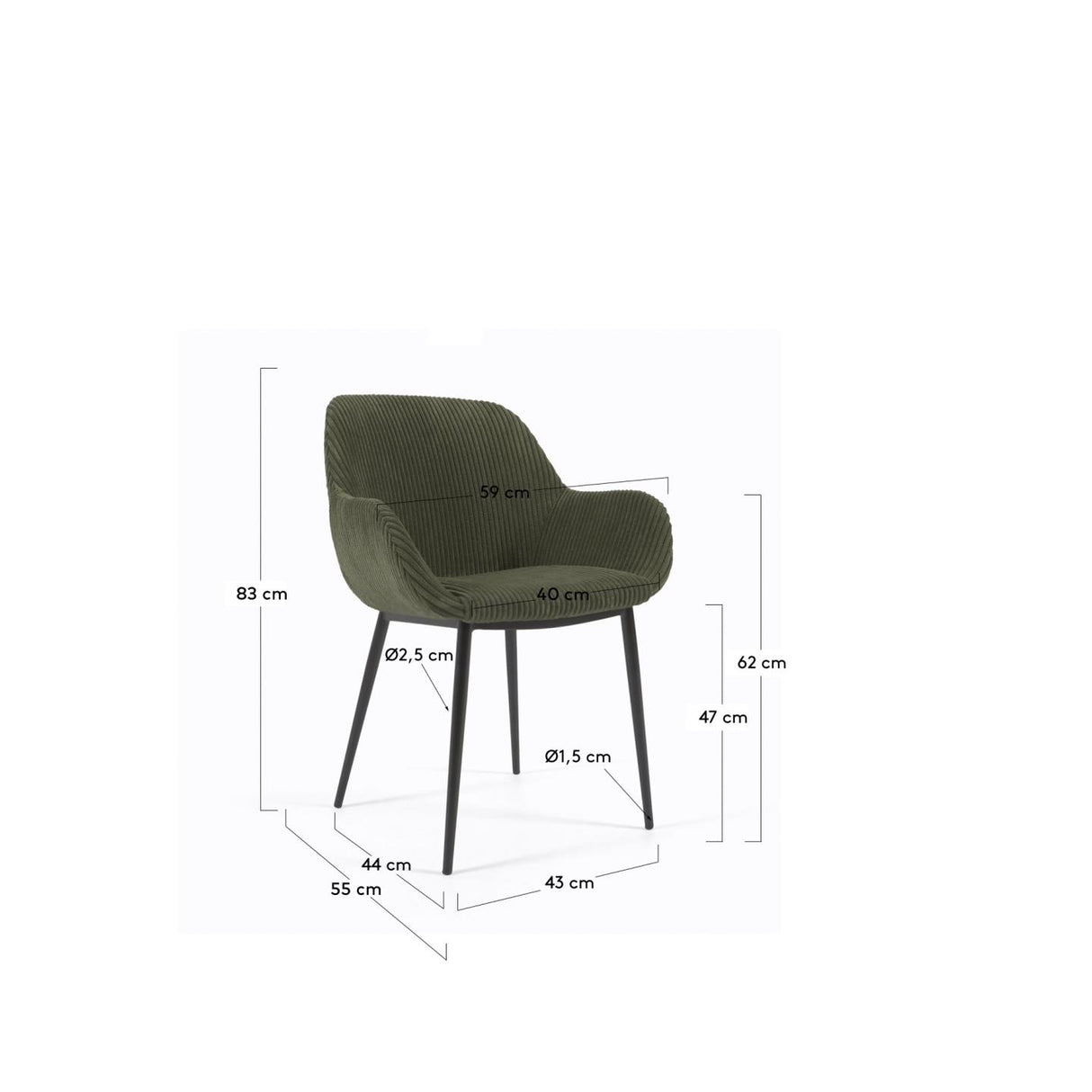 Konna Stuhl aus dunkelgrünem, breitem Cord mit schwarz lackierten Stahlbeinen - ZEN ZONE Furniture