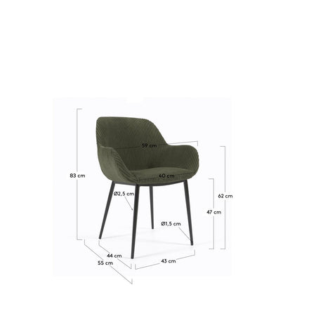 Konna Stuhl aus dunkelgrünem, breitem Cord mit schwarz lackierten Stahlbeinen - ZEN ZONE Furniture