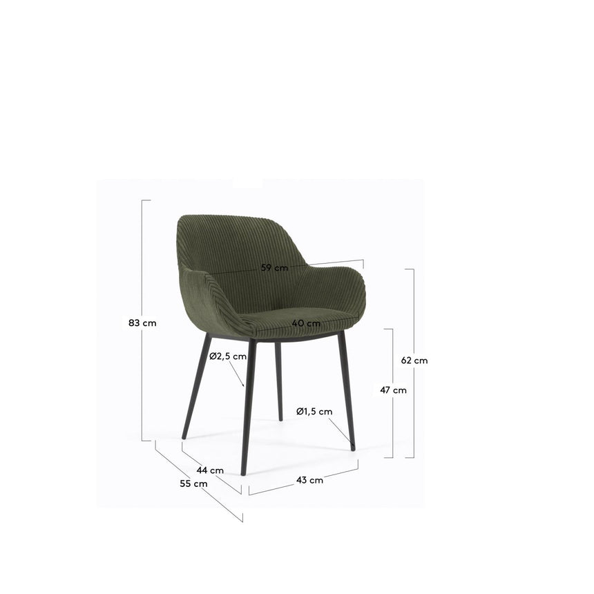 Konna Stuhl aus dunkelgrünem, breitem Cord mit schwarz lackierten Stahlbeinen - ZEN ZONE Furniture