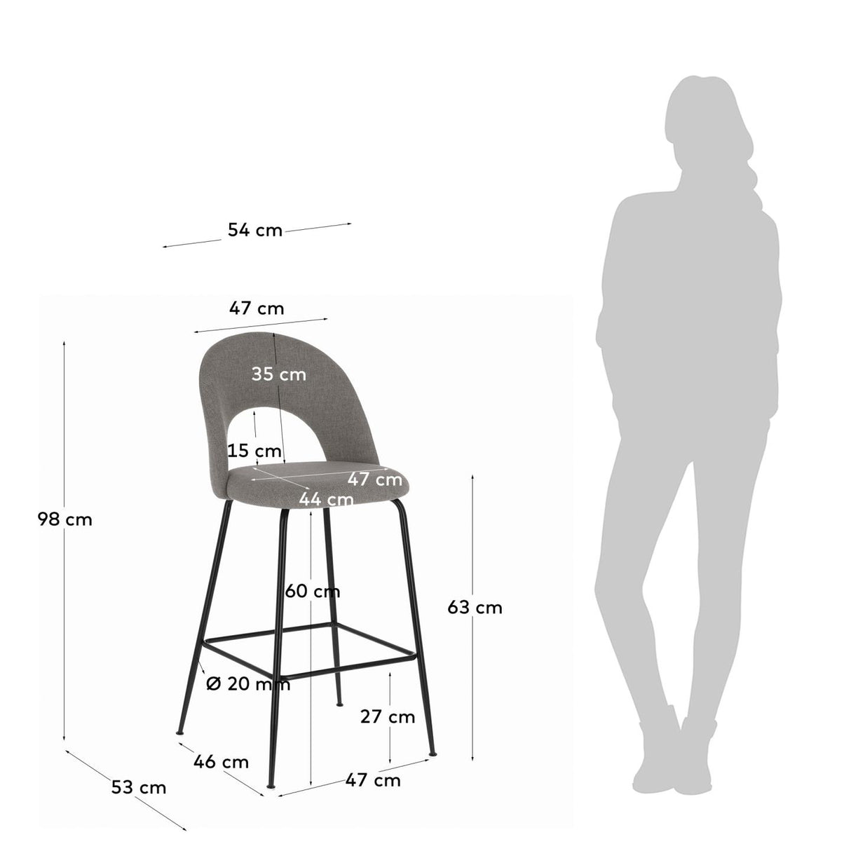 Mahalia Barhocker hellgrau und Stahl mit schwarzem Finish Höhe 63 cm - ZEN ZONE Furniture
