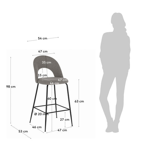 Mahalia Barhocker hellgrau und Stahl mit schwarzem Finish Höhe 63 cm - ZEN ZONE Furniture