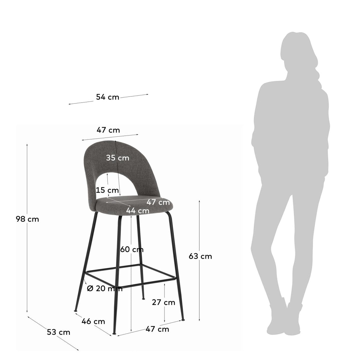 Mahalia Barhocker dunkelgrau und Stahl mit schwarzem Finish Höhe 63 cm - ZEN ZONE Furniture