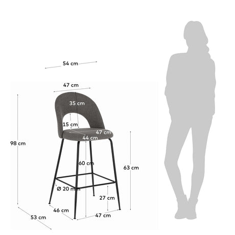Mahalia Barhocker dunkelgrau und Stahl mit schwarzem Finish Höhe 63 cm - ZEN ZONE Furniture