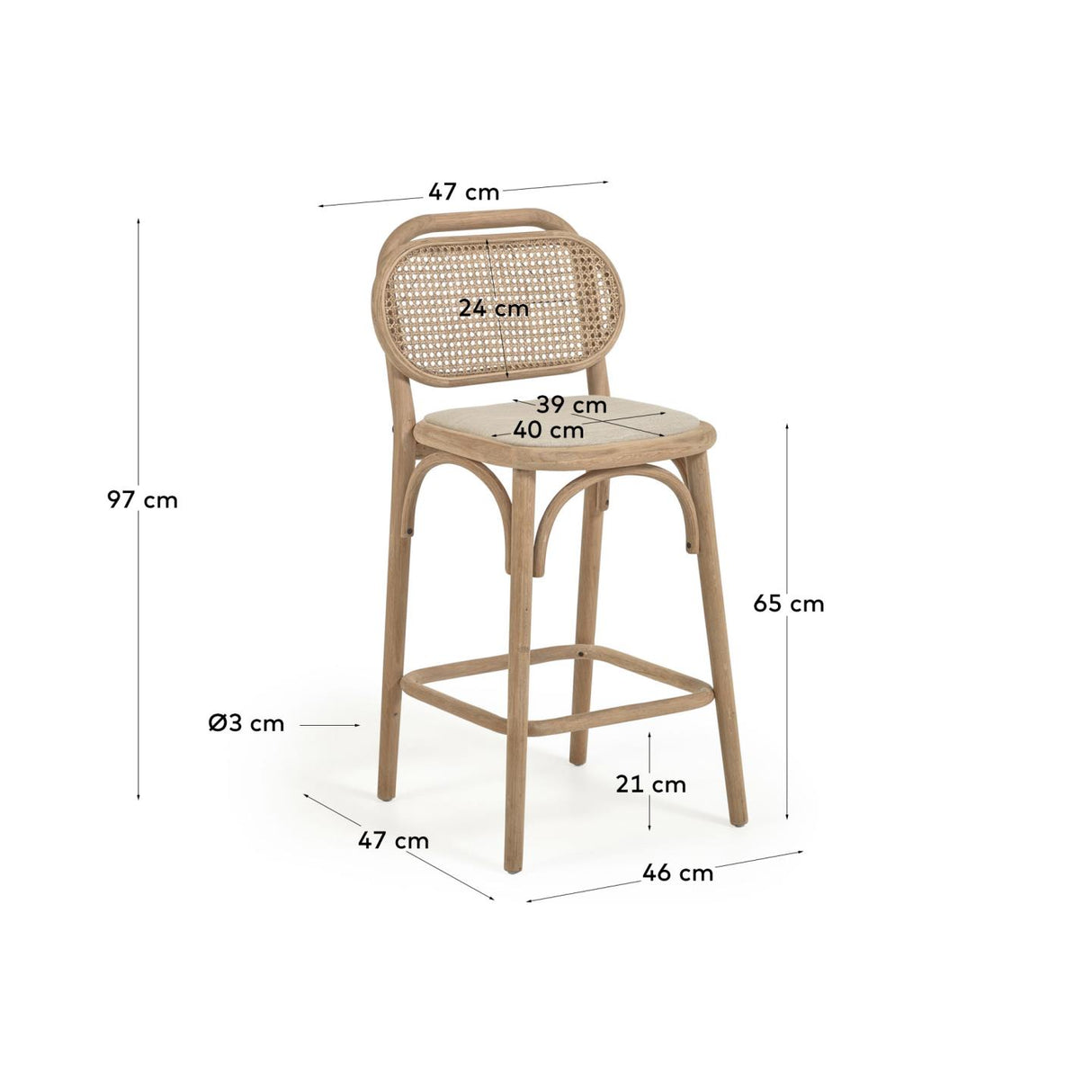 Doriane Hocker massive Eiche naturbelassen mit gepolstertem Sitz 65 cm hoch FSC Mix Credit - ZEN ZONE Furniture