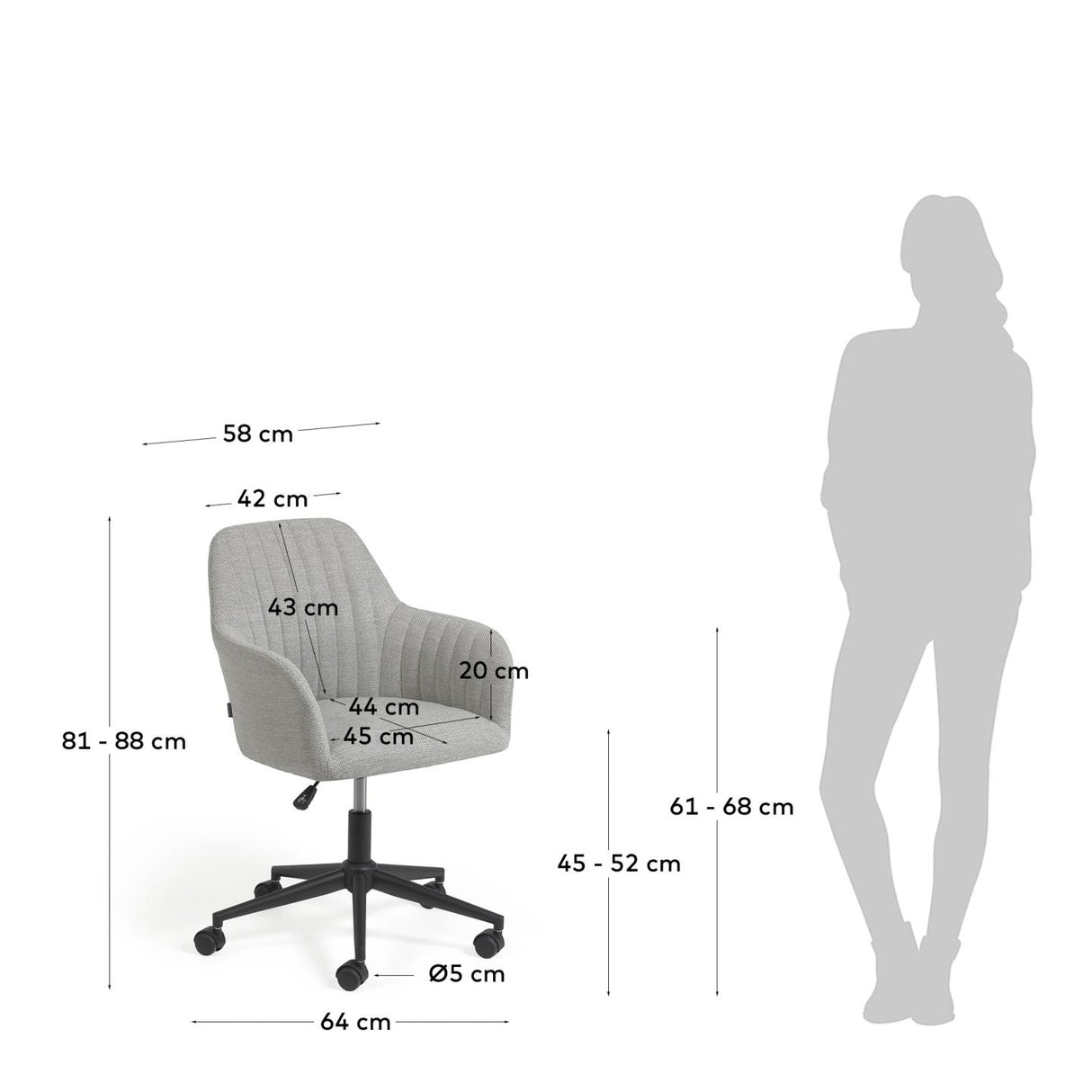 Madina Schreibtischstuhl hellgrau mit Beinen aus Stahl in Mattschwarz - ZEN ZONE Furniture