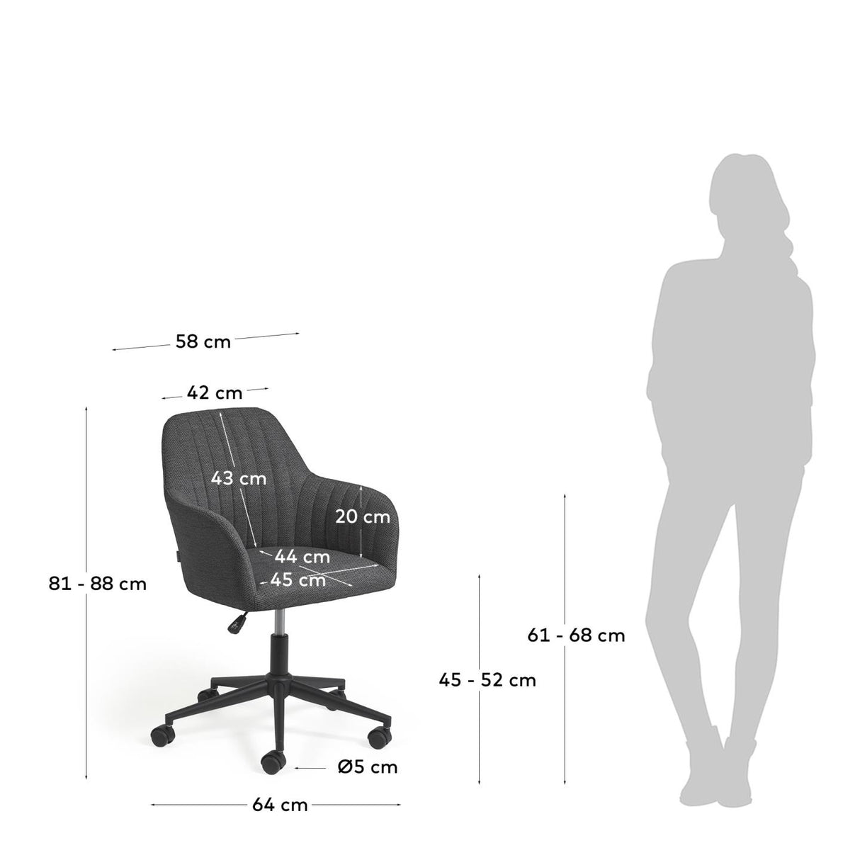 Madina Schreibtischstuhl dunkelgrau mit Beinen aus Stahl in Mattschwarz - ZEN ZONE Furniture