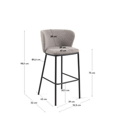 Ciselia Hocker mit hellgrauem Bouclé und schwarzen Stahlbeinen Höhe 75 cm hoch FSC Mix Credit - ZEN ZONE Furniture