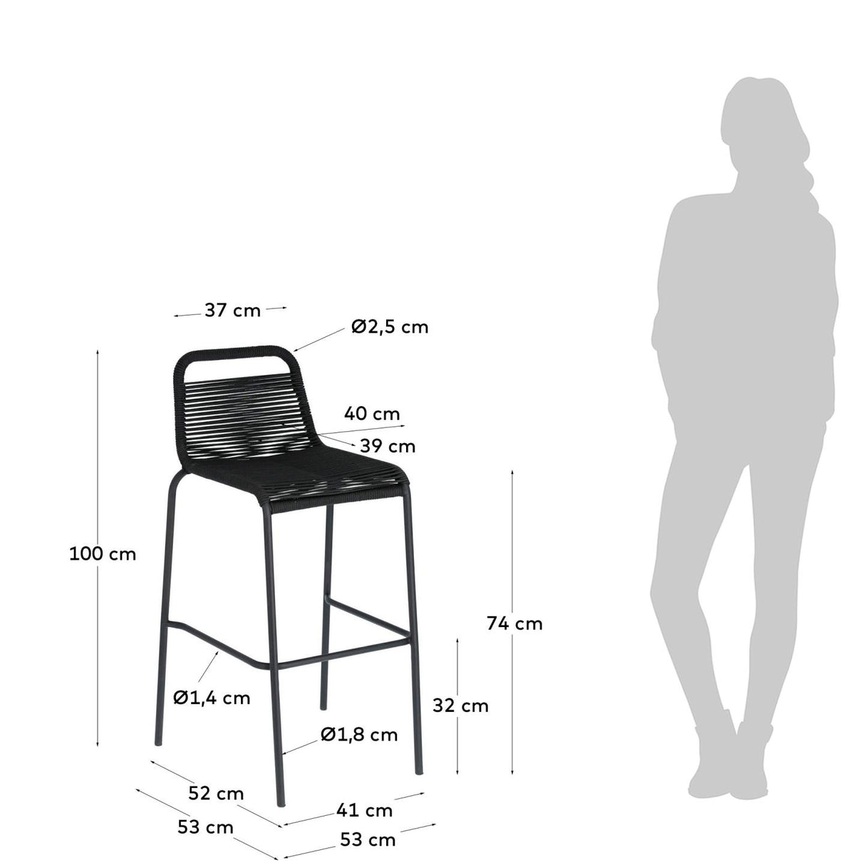 Lambton stapelbarer Hocker aus schwarzem Seil und Stahl mit schwarzem Finish Höhe 74 cm - ZEN ZONE Furniture