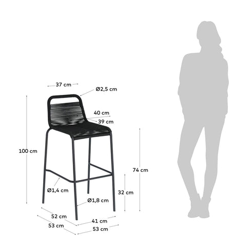 Lambton stapelbarer Hocker aus schwarzem Seil und Stahl mit schwarzem Finish Höhe 74 cm - ZEN ZONE Furniture