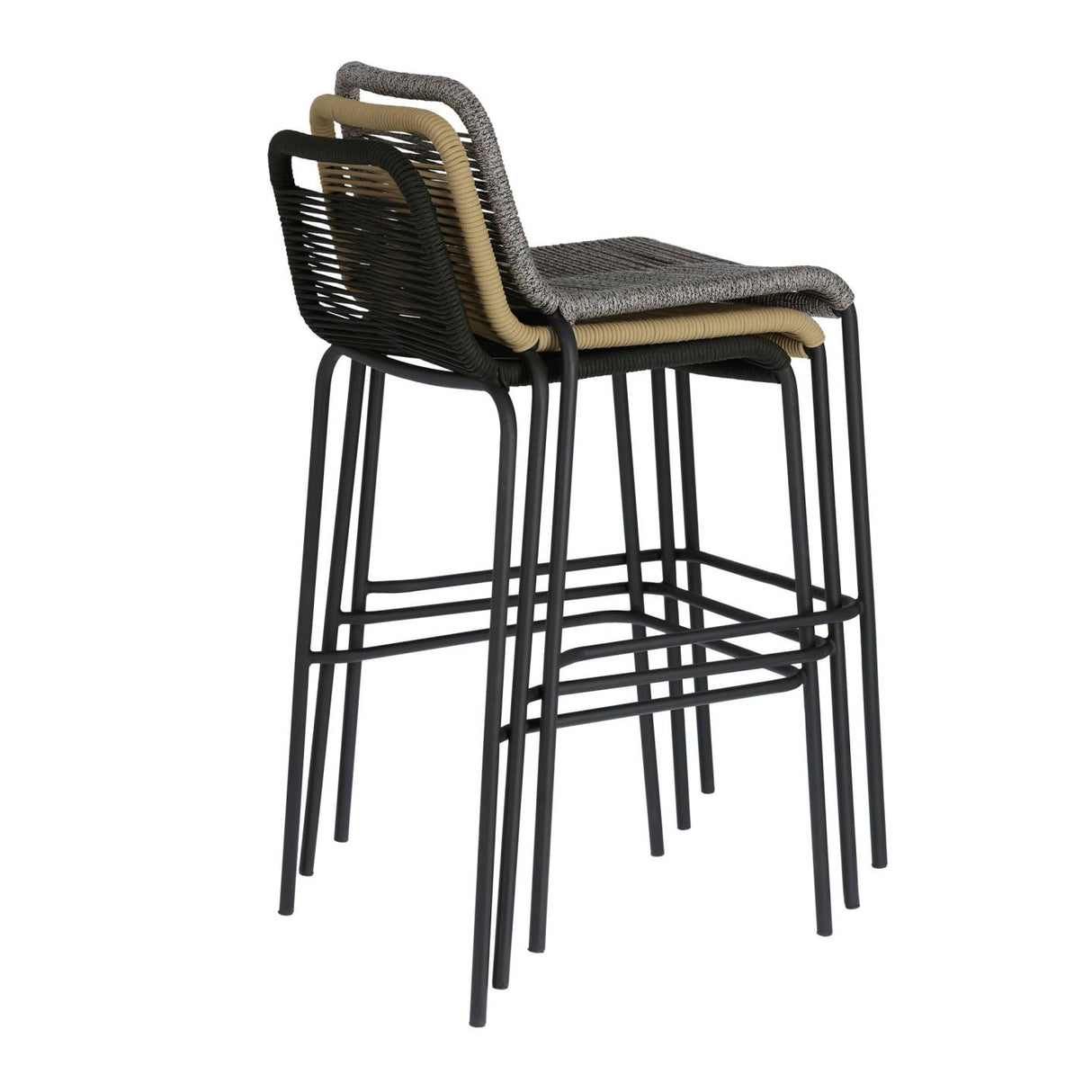 Lambton stapelbarer Hocker aus braunem Seil und Stahl mit schwarzem Finish Höhe 74 cm - ZEN ZONE Furniture