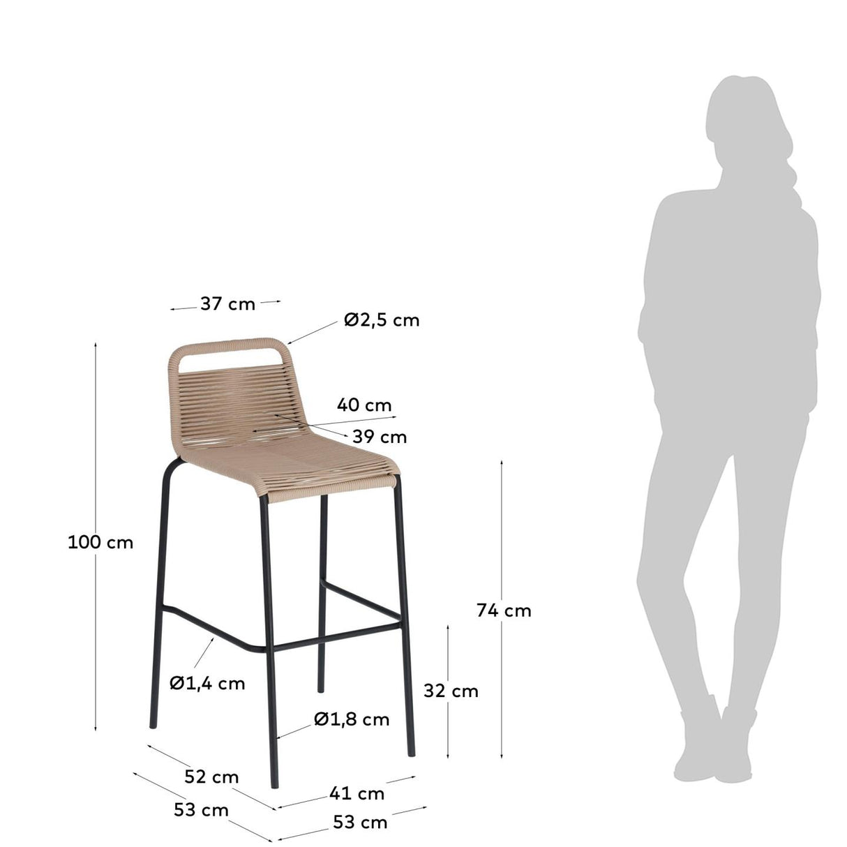 Lambton stapelbarer Hocker aus braunem Seil und Stahl mit schwarzem Finish Höhe 74 cm - ZEN ZONE Furniture