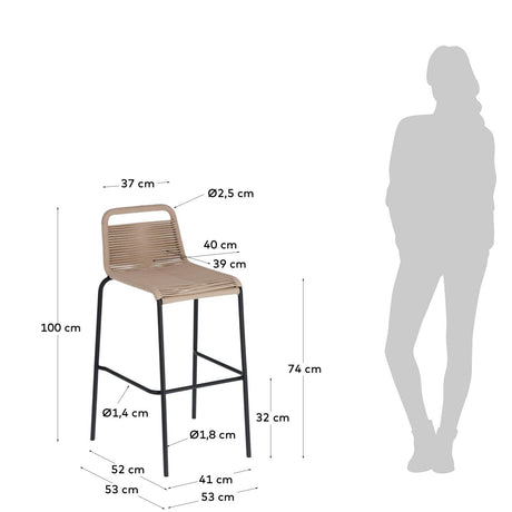 Lambton stapelbarer Hocker aus braunem Seil und Stahl mit schwarzem Finish Höhe 74 cm - ZEN ZONE Furniture
