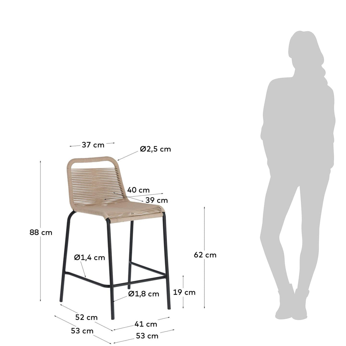 Lambton Hocker aus braunem Seil und Stahl mit schwarzem Finish Höhe 62 cm - ZEN ZONE Furniture