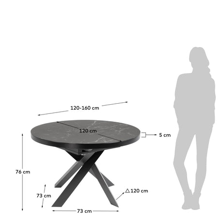 Vashti Ausziehtisch Feinsteinzeugplatte Schwarz Ø 120 x 120 oder 160 cm - ZEN ZONE