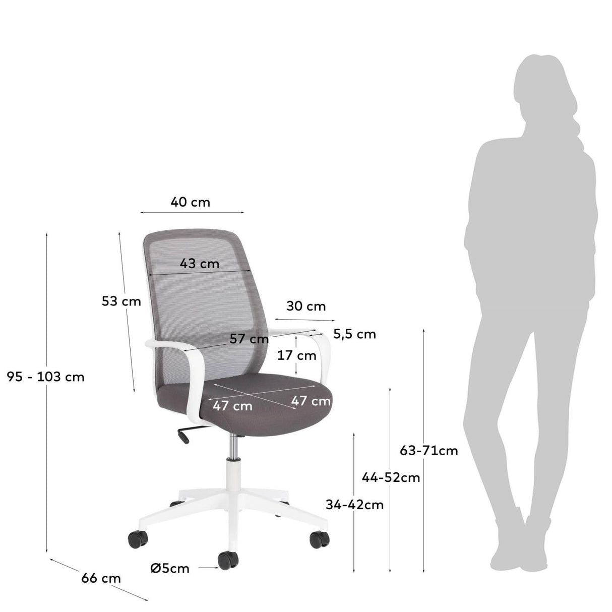 Melva Schreibtischstuhl in Grau mit Beinen aus Stahl in Weiß - ZEN ZONE Furniture