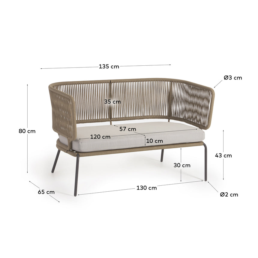 Nadin 2-Sitzer Sofa aus beigefarbenem Seil und Beinen aus verzinktem Stahl 135 cm - ZEN ZONE Furniture