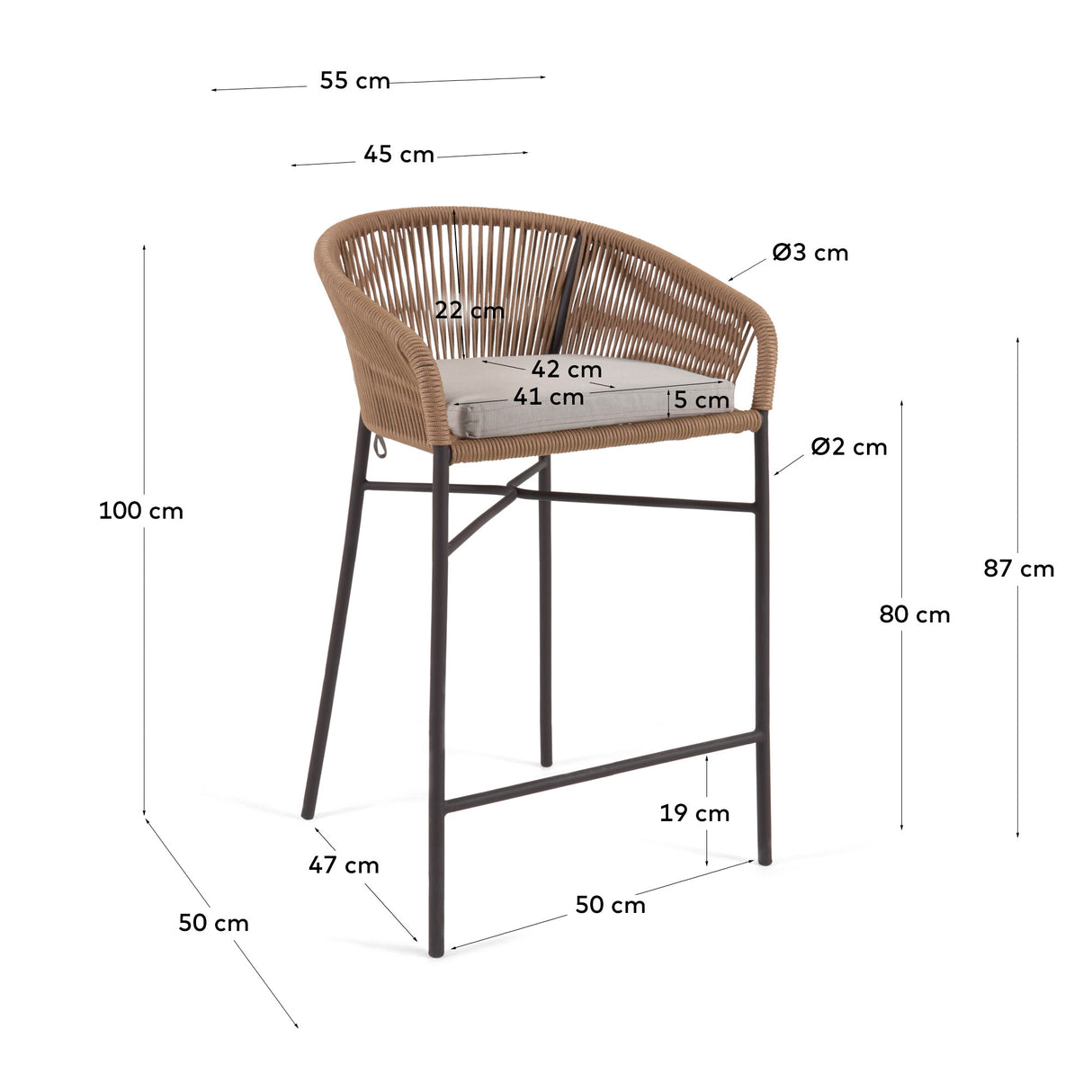 Yanet Hocker aus beigem Seil und verzinktem Stahl Höhe 80 cm - ZEN ZONE Furniture