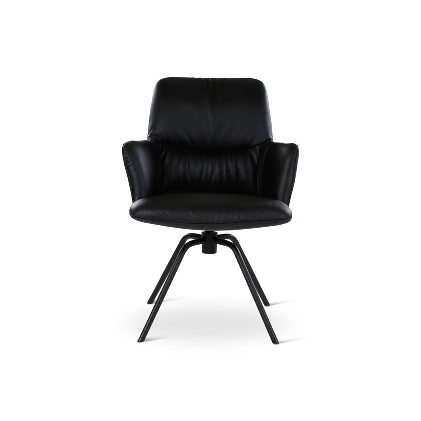 BOSTON Essstuhl aus schwarzem Leder, drehbar, mit schwarzen Metallbeinen - ZEN ZONE Furniture