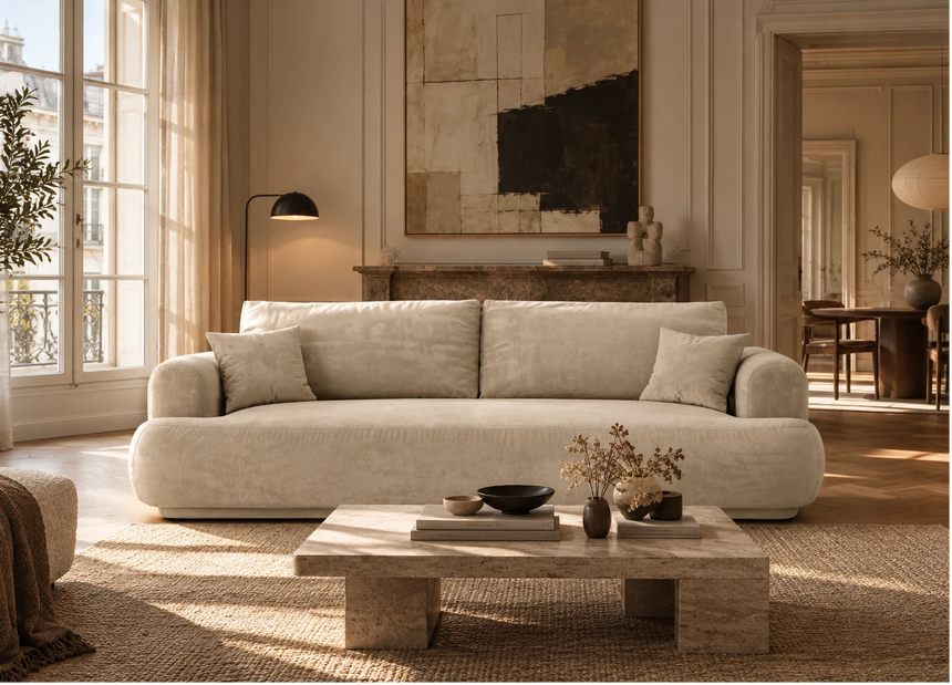 Luce 3-Sitzer Sofa mit Schlaffunktion, ausklappbar, aus Samt, Boucle oder Strukturstoff, 253x108 cm