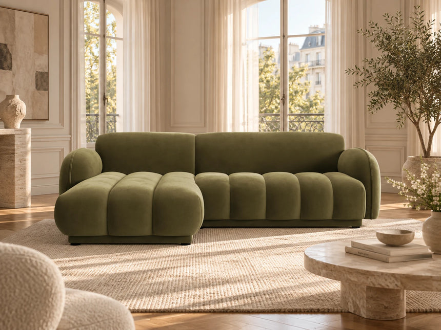 Canapé d'angle 3 places Treviso droit en velours ou bouclette, 244x148 cm