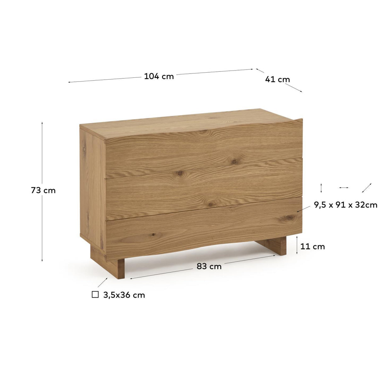 Rasha Kommode mit 3 Schubladen mit Eichenfurnier mit naürlichem Finish 104 x 73 cm - ZEN ZONE