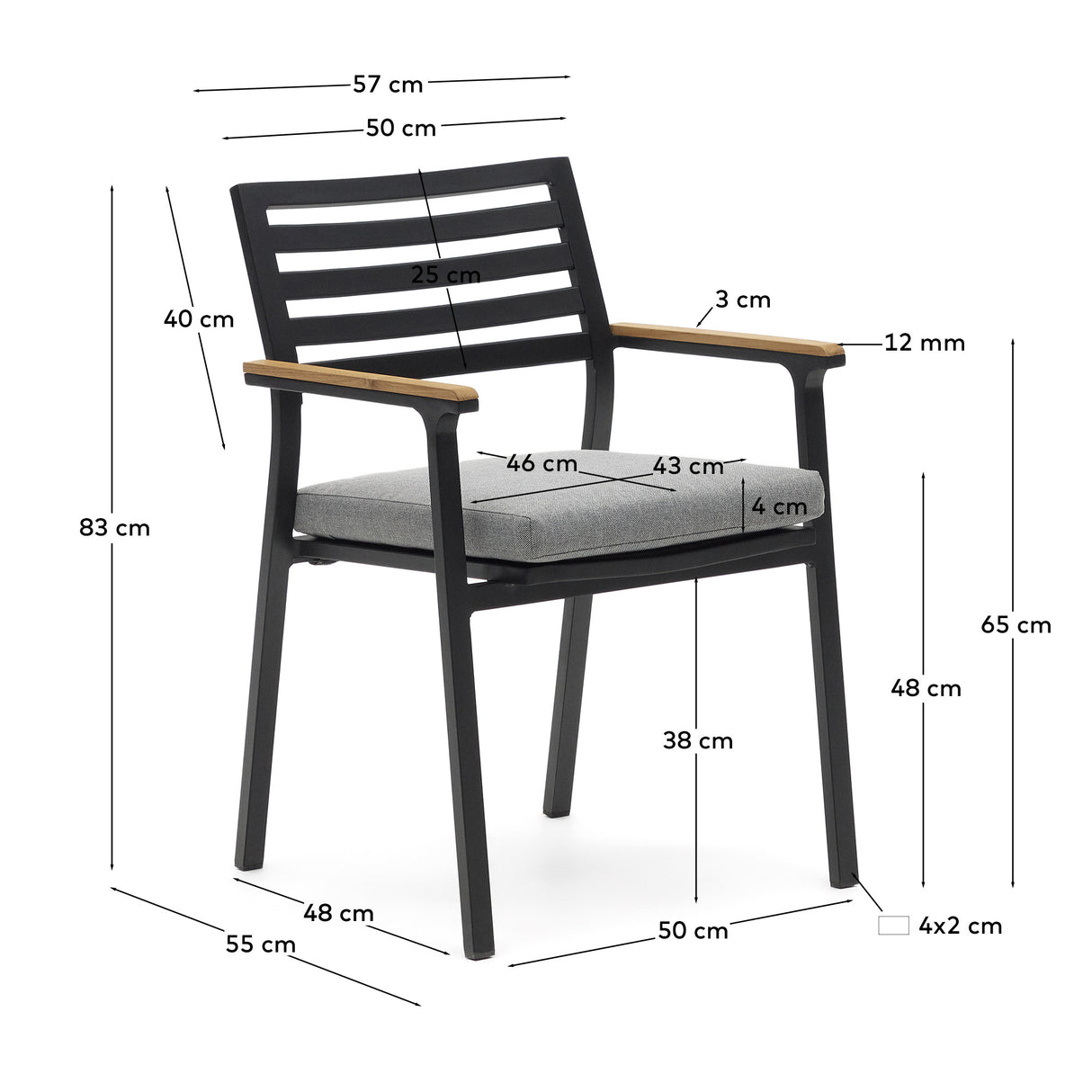 Bona stapelbarer Gartenstuhl aus Aluminium mit schwarzem Finish und Armlehnen aus massivem - ZEN ZONE Furniture