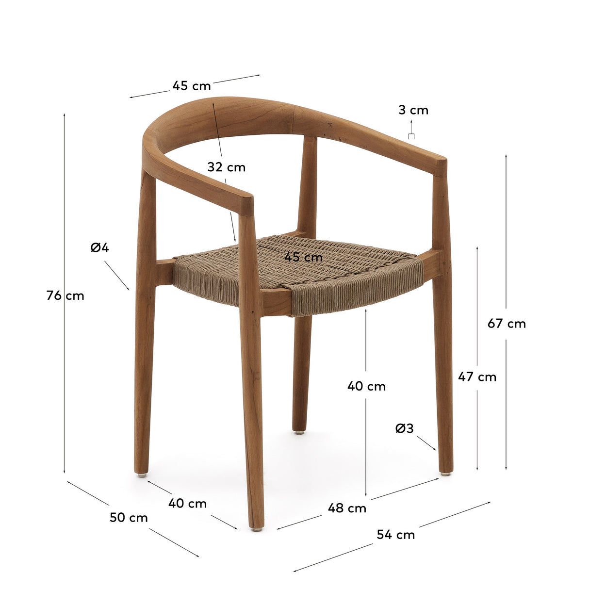 Ydalia stapelbarer Outdoor-Stuhl massives Teakholz natürliches Finish beiges Seil - ZEN ZONE Furniture