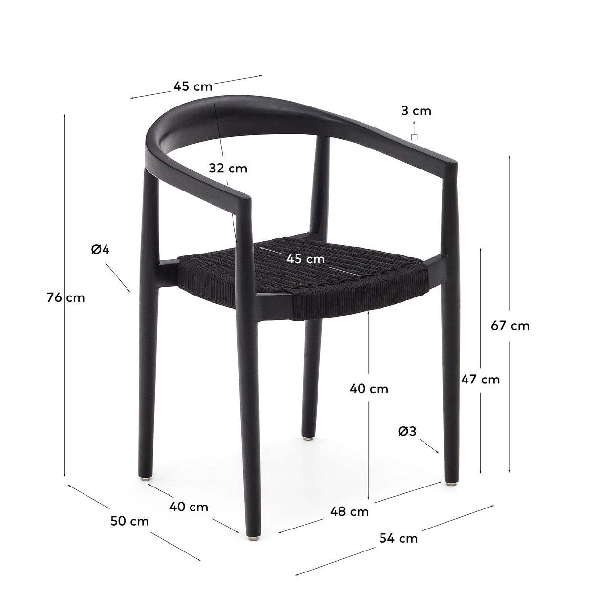 Ydalia stapelbarer Outdoor-Stuhl aus massivem Teakholz schwarzes Finish schwarzes Seil - ZEN ZONE Furniture