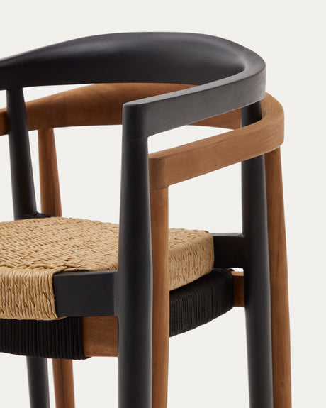 Ydalia stapelbarer Outdoor-Stuhl massives Teakholz schwarz Seil aus synthetischem Rattan - ZEN ZONE Furniture