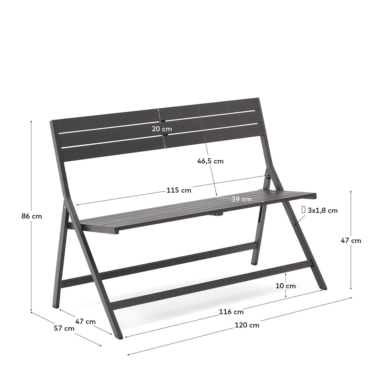 Faltbare Gartenbank Torreta aus Aluminium mit dunkelgrauem Finish - ZEN ZONE Furniture