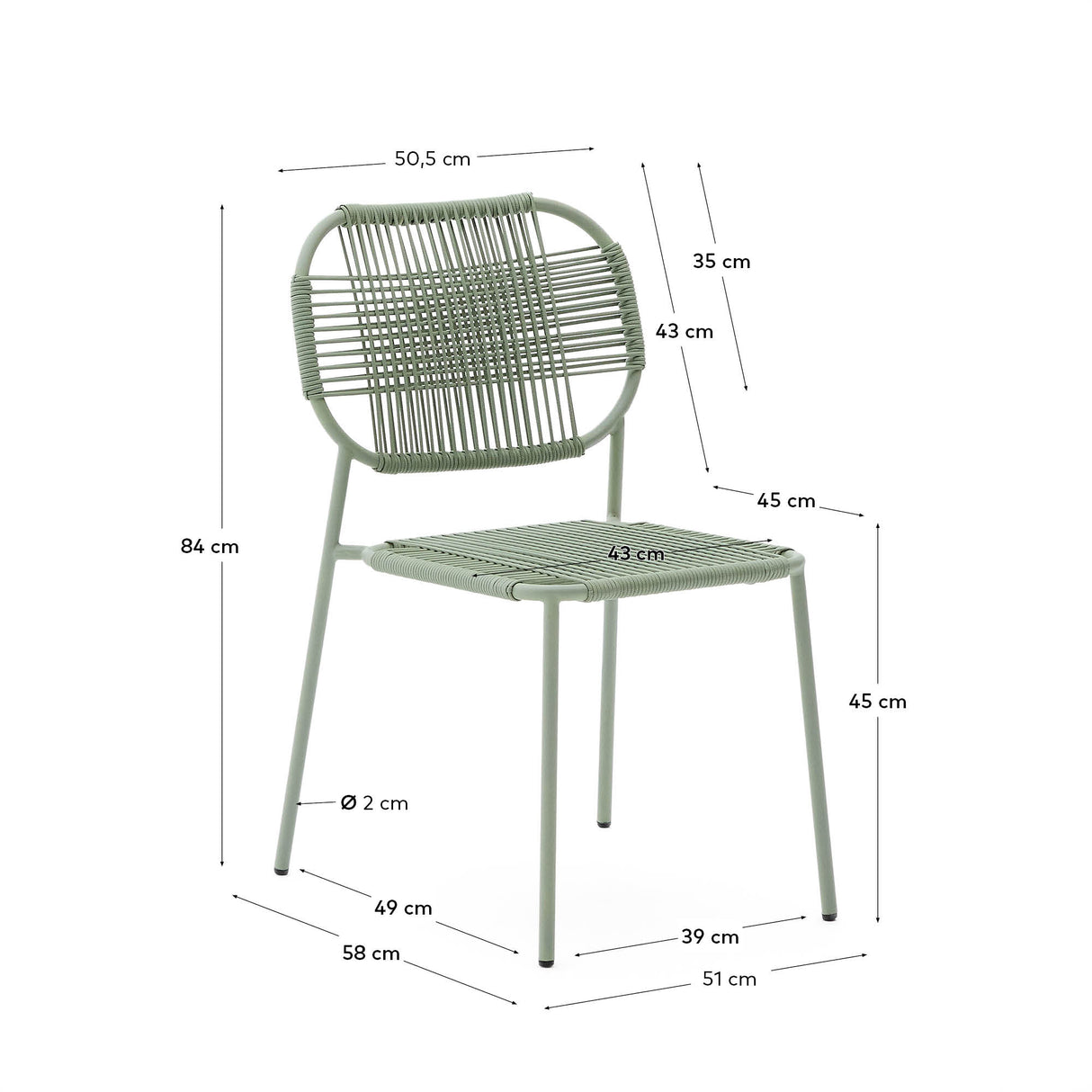 Stapelbarer Talaier Outdoor-Stuhl aus synthetischem Seil und verzinktem Stahl mit türkisfarbenem Finish