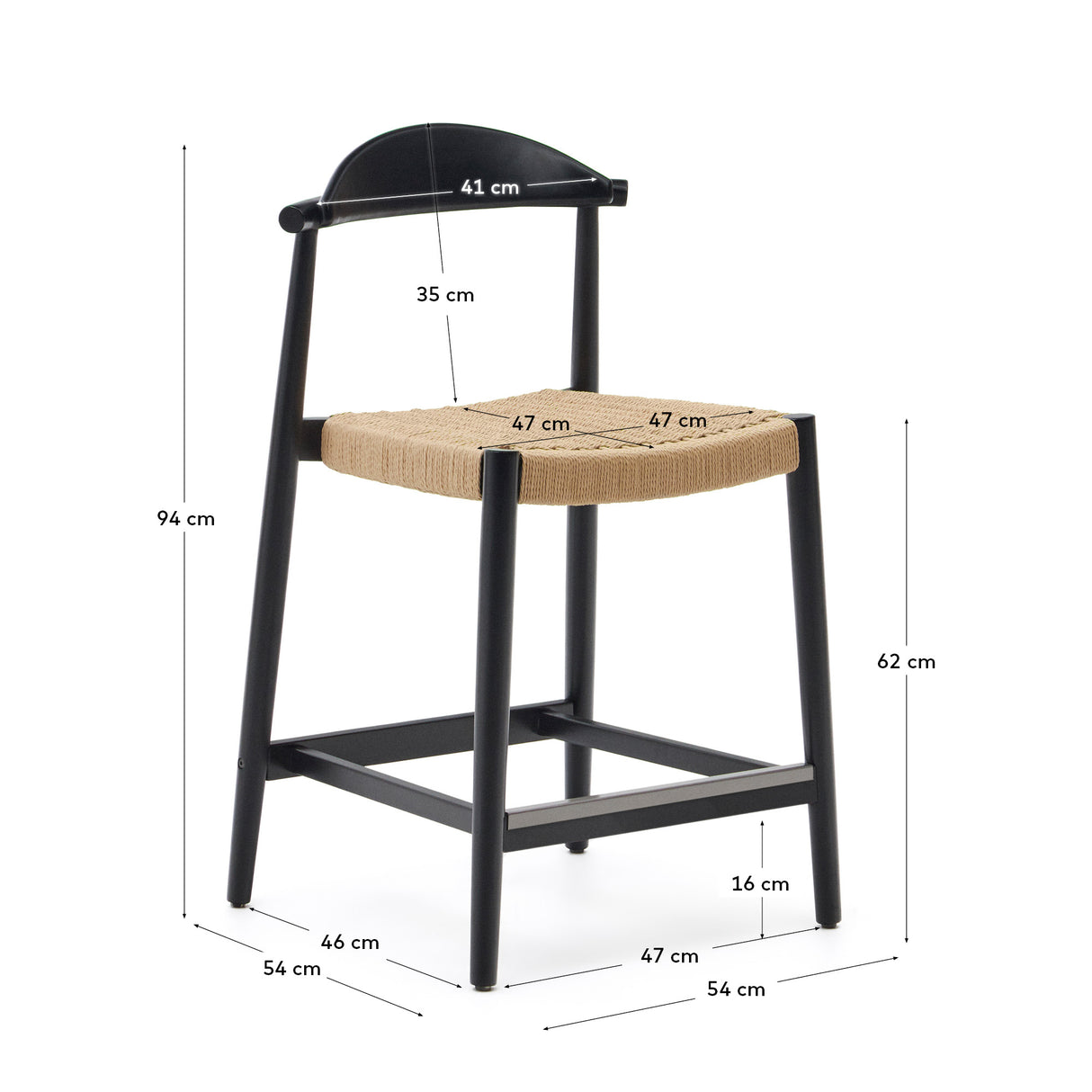 Nina Hocker aus massivem Akazienholz schwarzes Finish und Seil beige Höhe 62 cm FSC 100% - ZEN ZONE Furniture