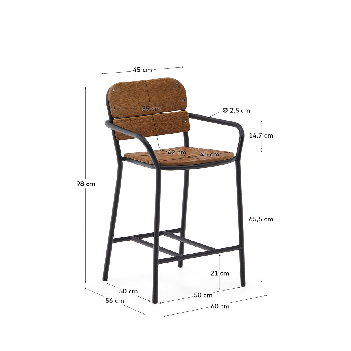 Algueret Hocker aus massivem Eukalyptusholz, Naturfinish, schwarzes Aluminium, 65 cm, FSC 100% - ZEN ZONE Furniture