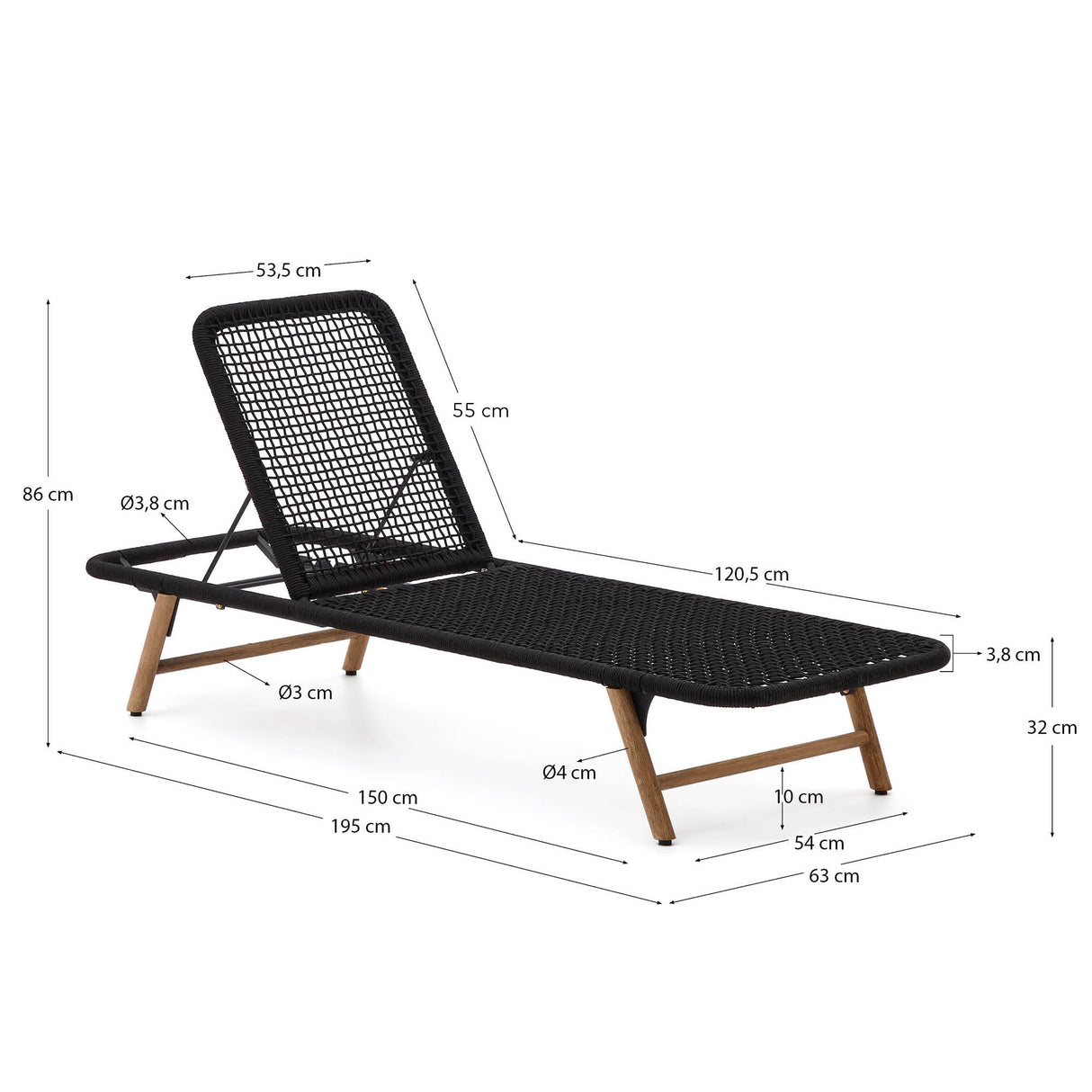 Dandara Sonnenliege mit Stahlstruktur, schwarzem Flechtwerk und Füßen aus massivem Akazien - ZEN ZONE Furniture