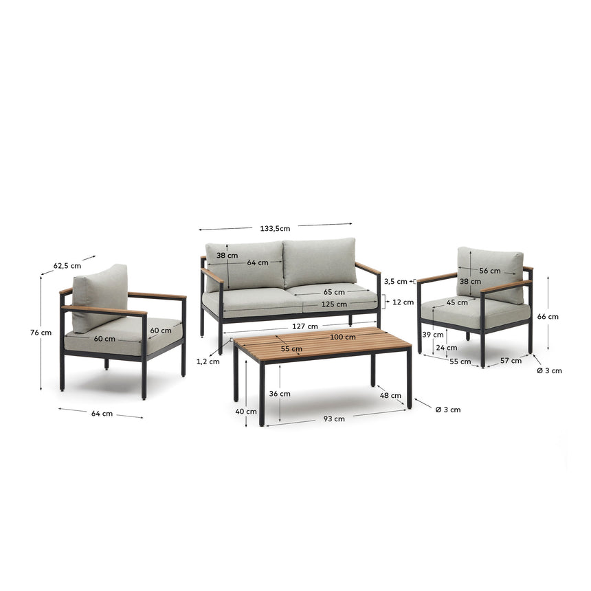 Aiguafreda Set 2-Sitzer-Sofa 2 Sesseln + Couchtisch Alu grau massives Akazienholz 100% FSC - ZEN ZONE Furniture