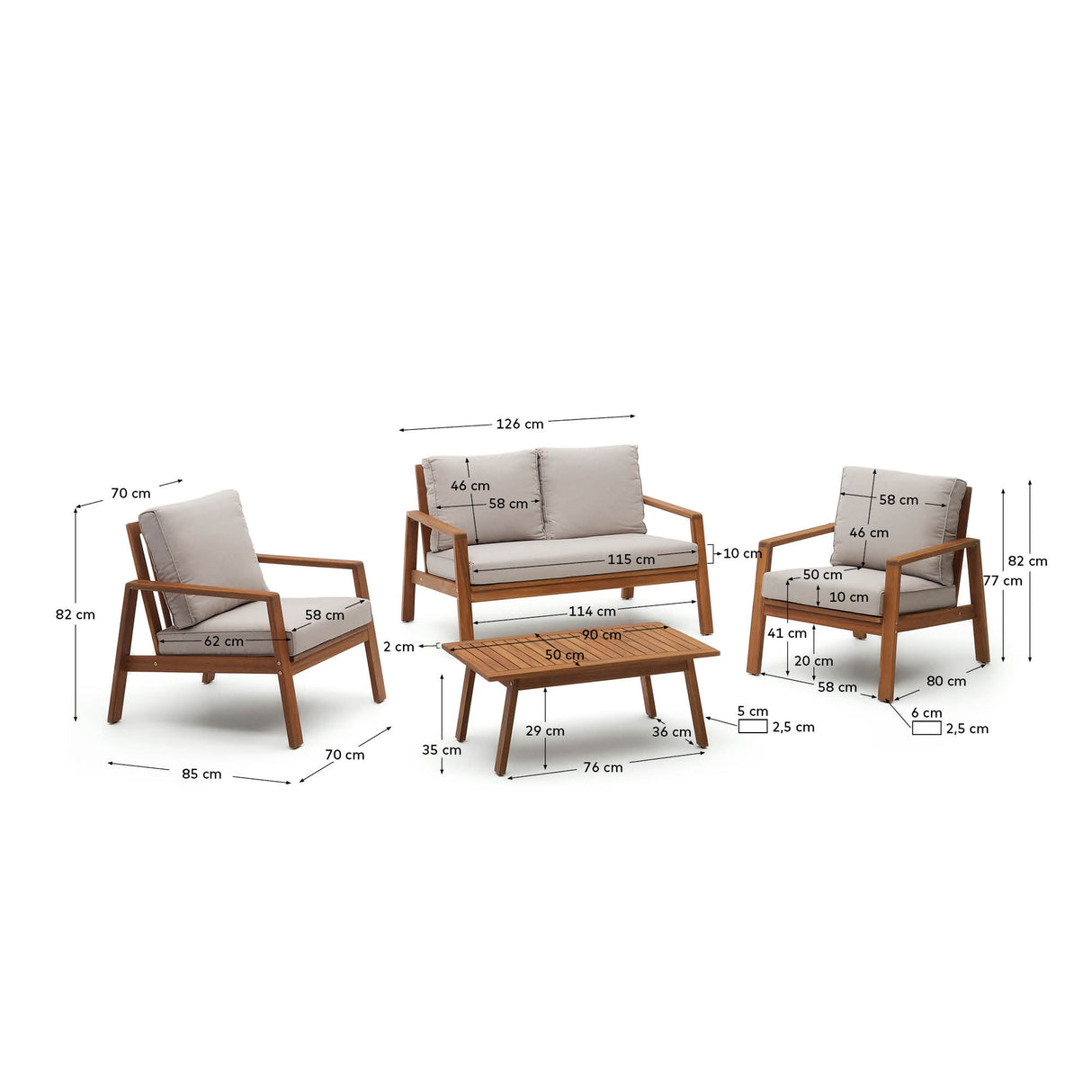 Frares Set aus 2-Sitzer-Sofa, 2 Sesseln und Couchtisch massives Akazienholz 100% FSC - ZEN ZONE Furniture