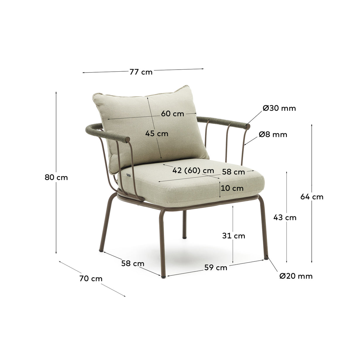 Salguer Sessel aus grünem Seil und Stahl in Braun - ZEN ZONE Furniture