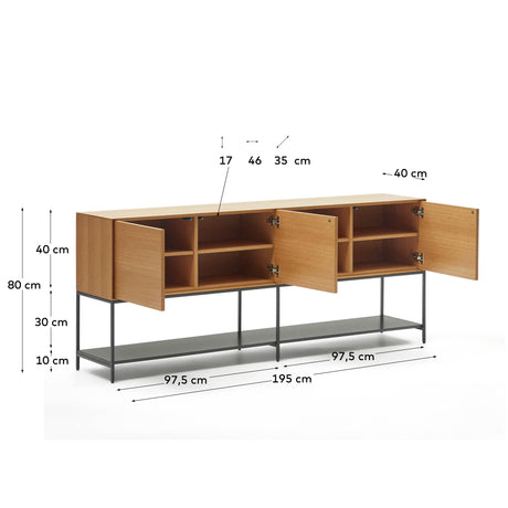 Vedrana Kommode 3 Türen aus Eichenfurnier und Stahlbeine in Schwarz 195 x 80 cm - ZEN ZONE