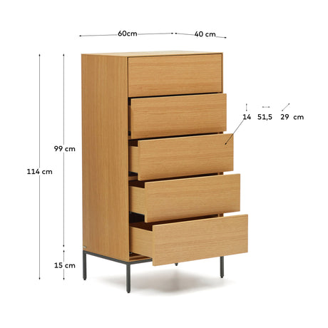 Vedrana Kommode 5 Schubladen aus Eichenfurnier und Stahlbeine in Schwarz 60 x 114 cm - ZEN ZONE Furniture